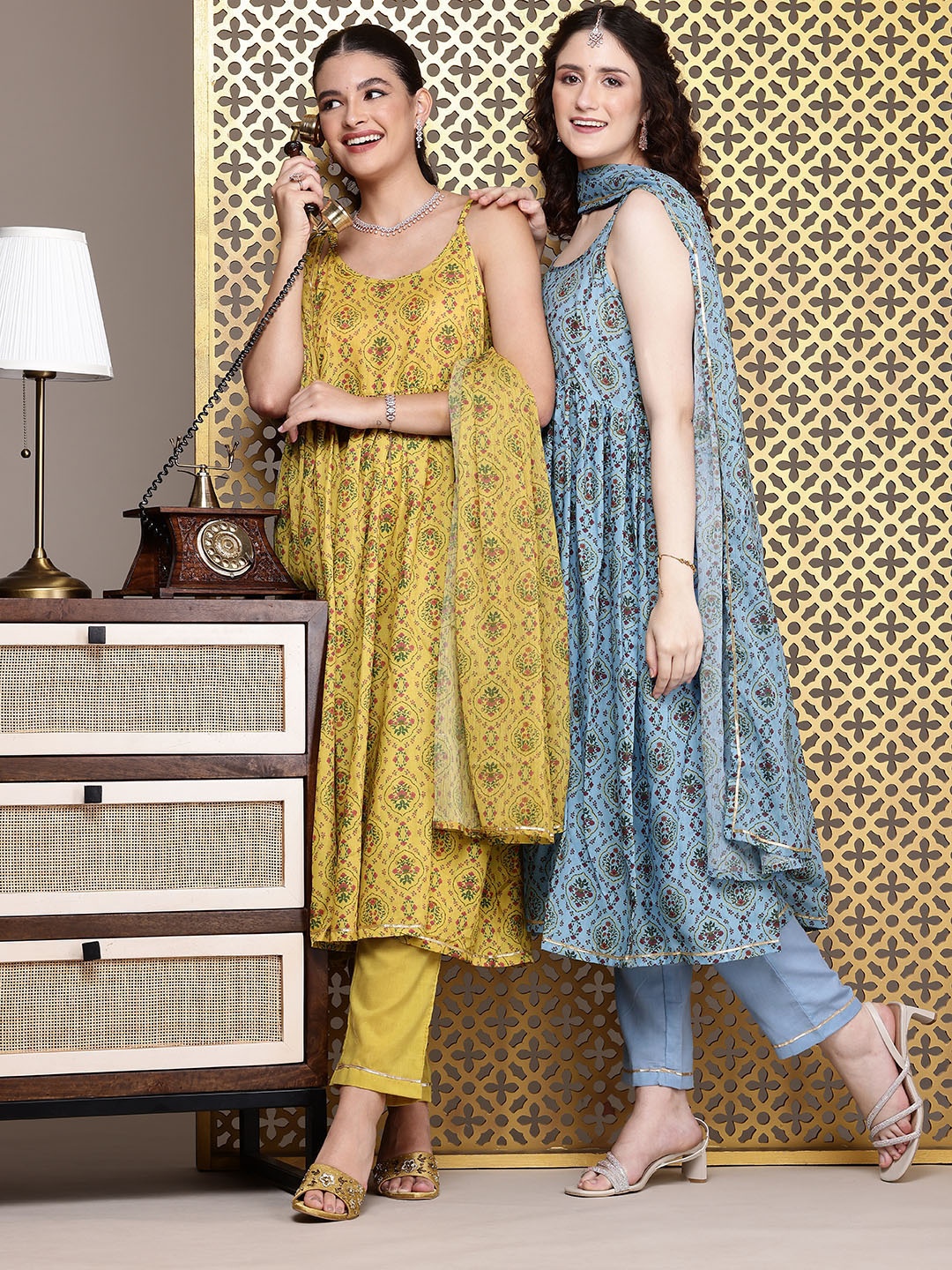 

House of Pataudi Jashn Ethnic Motifs Printed Pleated Kurta with Trousers & Dupatta, Blue