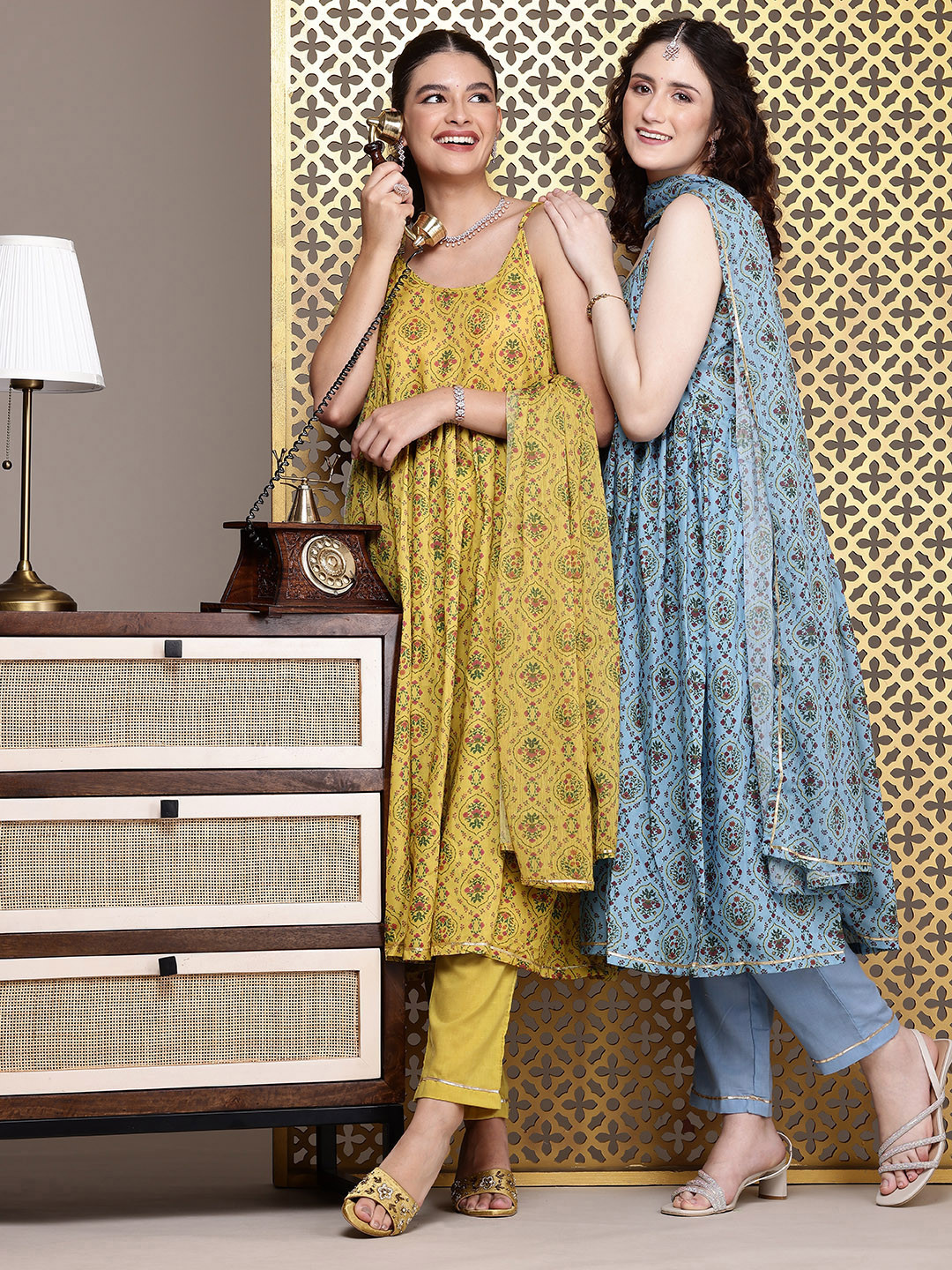 

House of Pataudi Jashn Ethnic Motifs Printed Pleated Kurta with Trousers & With Dupatta, Mustard