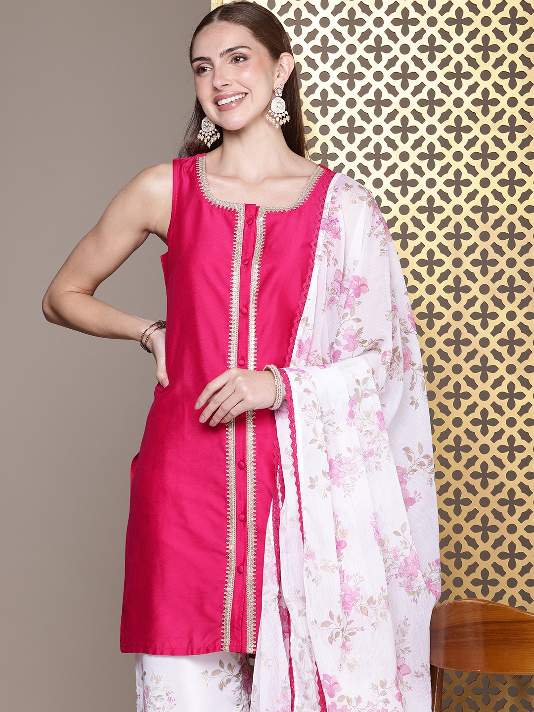 

House of Pataudi Women Jashn Floral Printed Zari Work Kurta With Palazzos & Dupatta, Fuchsia