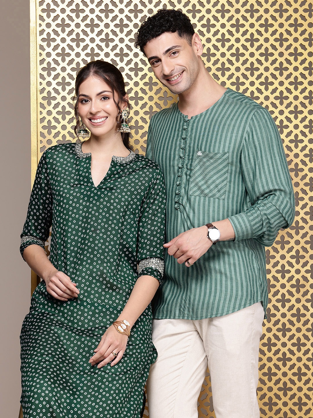 

House of Pataudi Round Neck Striped Rozana Short Kurta, Green