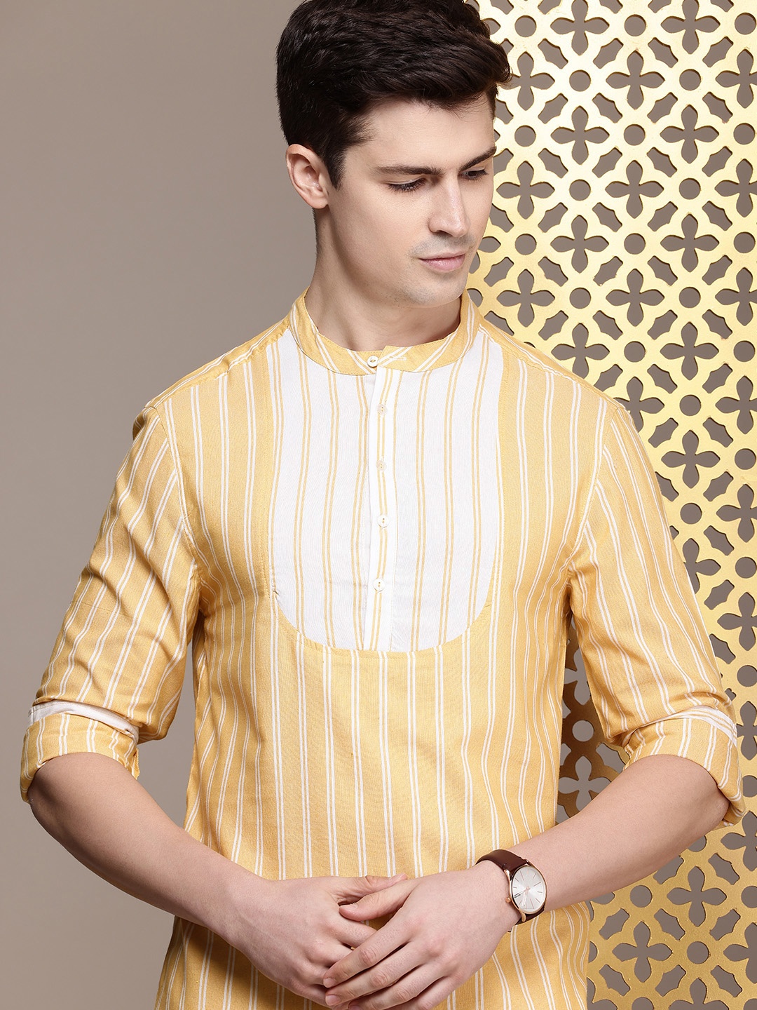 

House of Pataudi Rozana Striped Short Kurta, Yellow