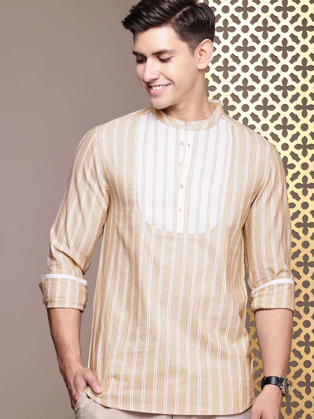 

House of Pataudi Rozana Striped Kurta, Beige