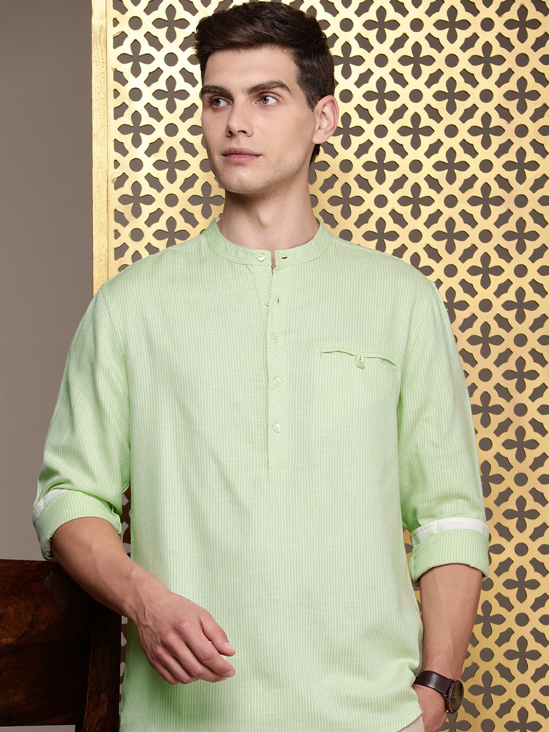 

House of Pataudi Band Collar Striped Rozana Kurta, Green