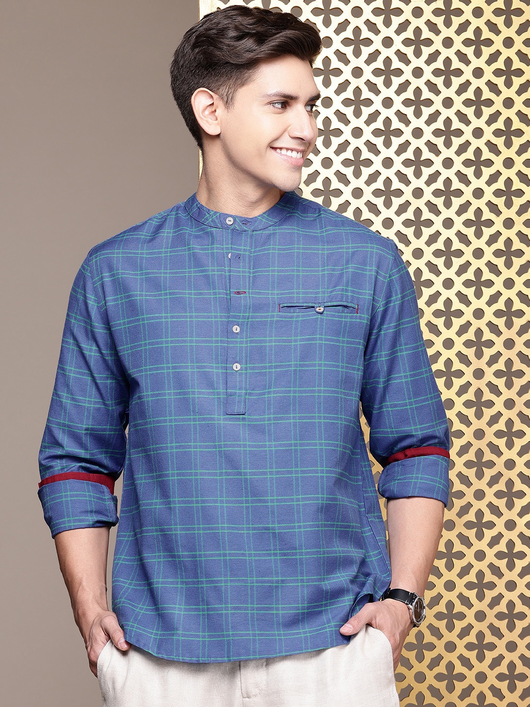 

House of Pataudi Rozana Checked Kurta, Navy blue