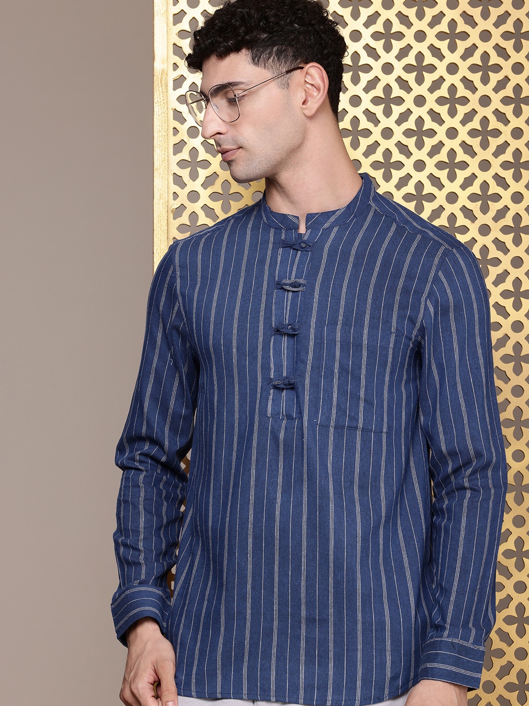 

House of Pataudi Mandarin Collar Striped Rozana Kurta, Blue