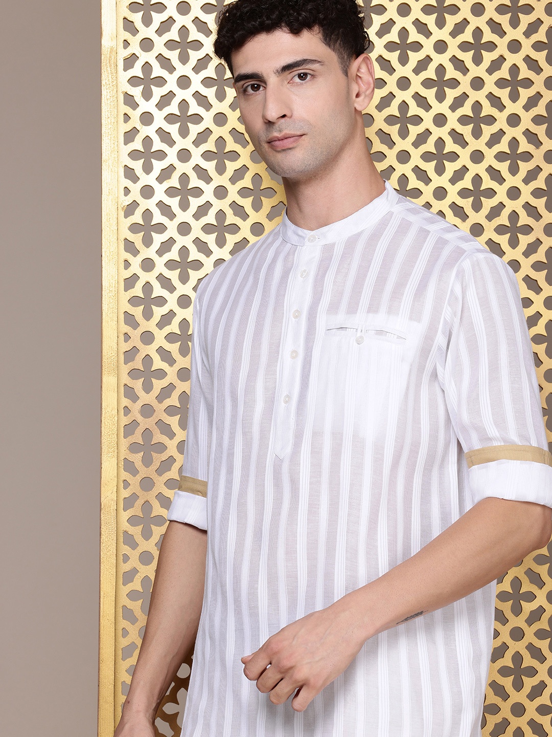 

House of Pataudi Band Collar Striped Rozana Short Kurta, White