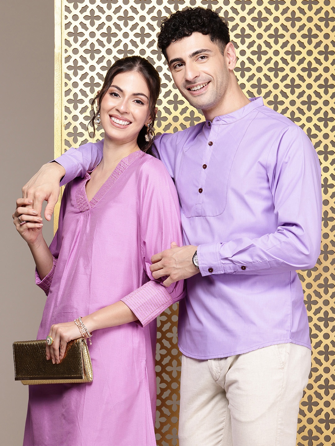 

House of Pataudi Band Collar Rozana Short Kurta, Lavender
