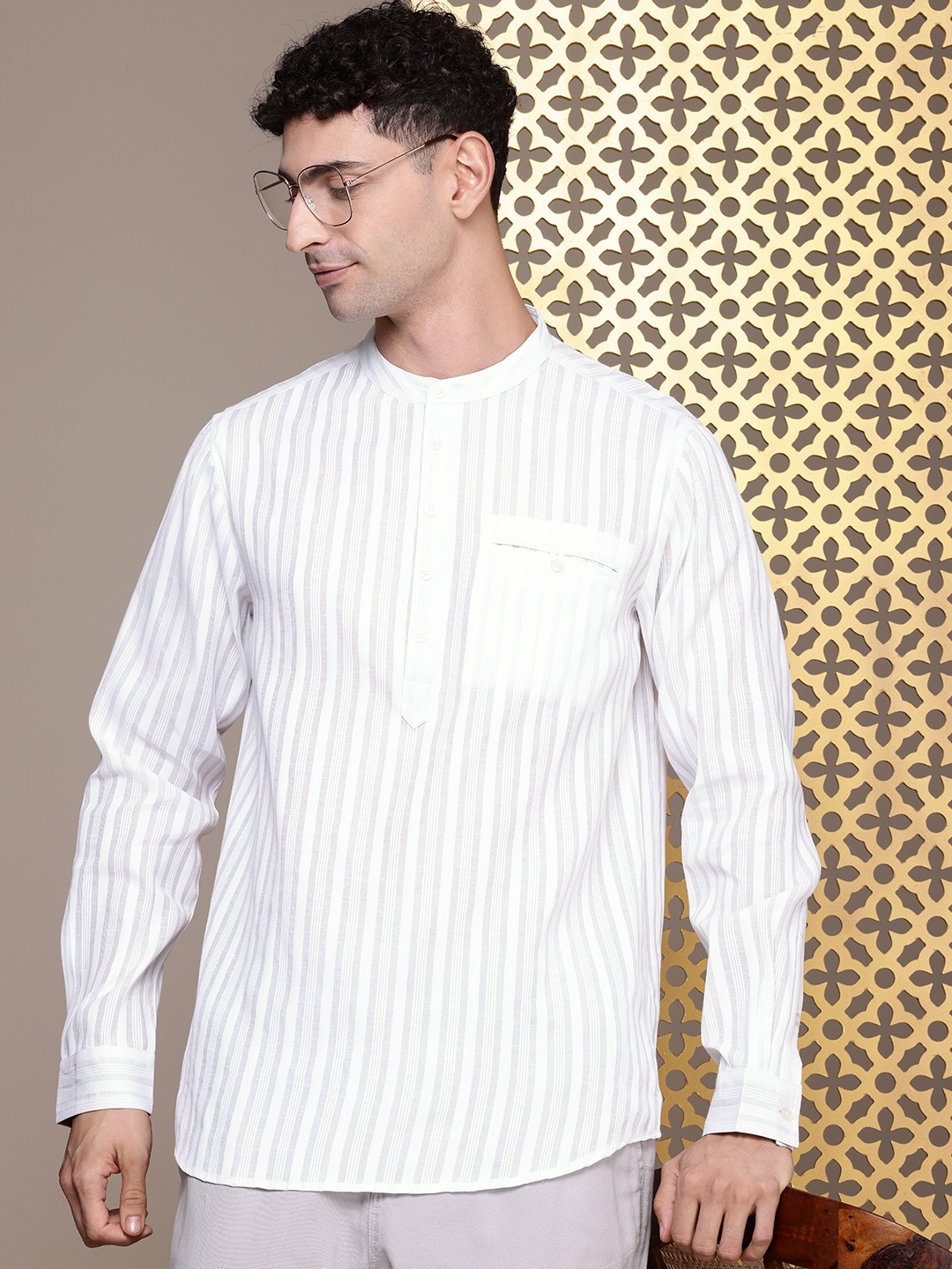 

House of Pataudi Band Collar Striped Rozana Short Kurta, White