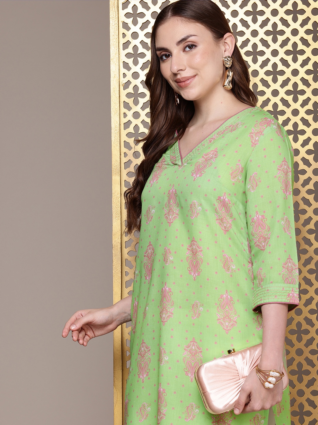 

House of Pataudi Ethnic Motifs Printed Jashn Kurta, Green