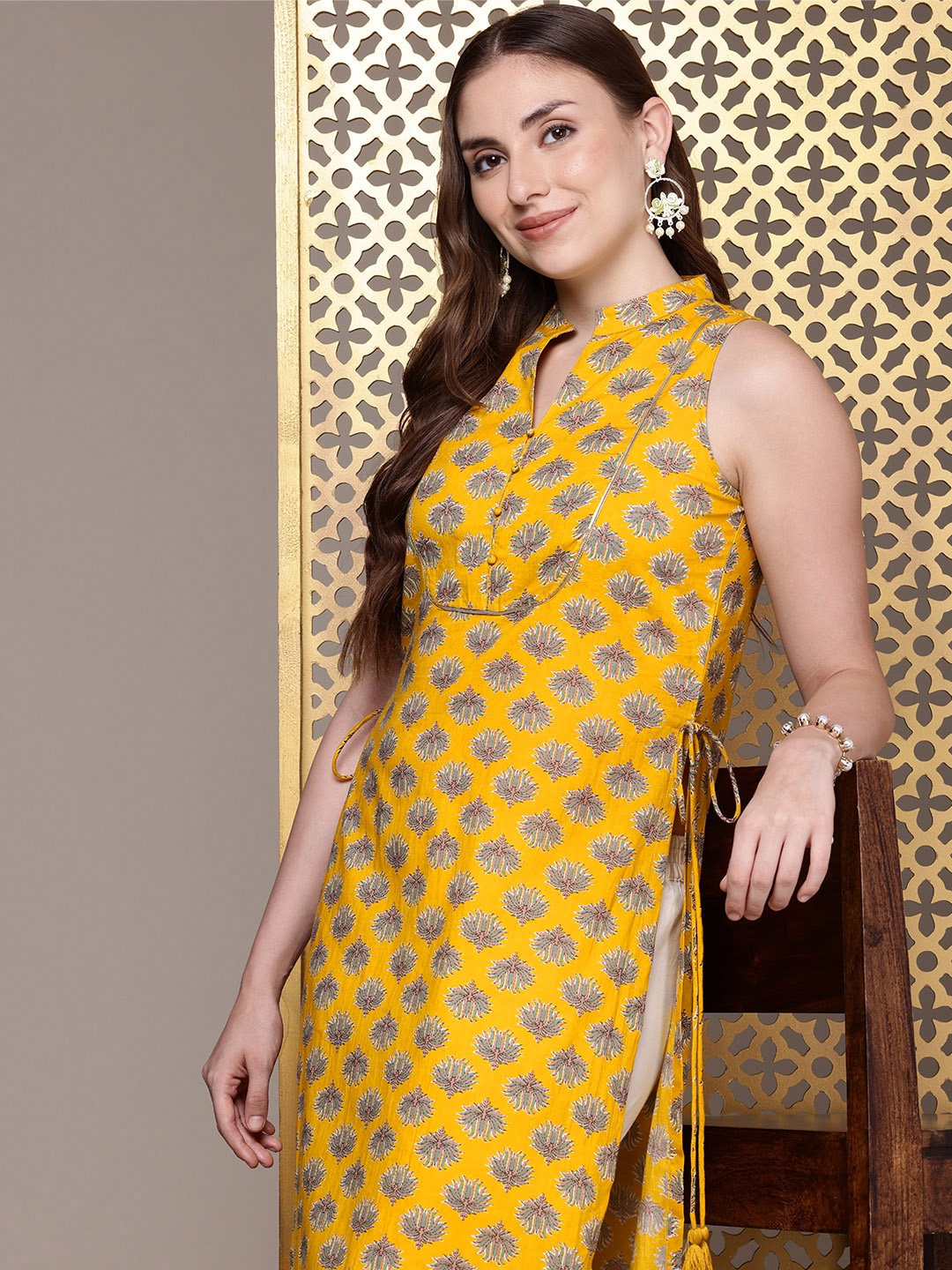 

House of Pataudi Jashn Pure Cotton Ethnic Motifs Printed Kurta, Mustard