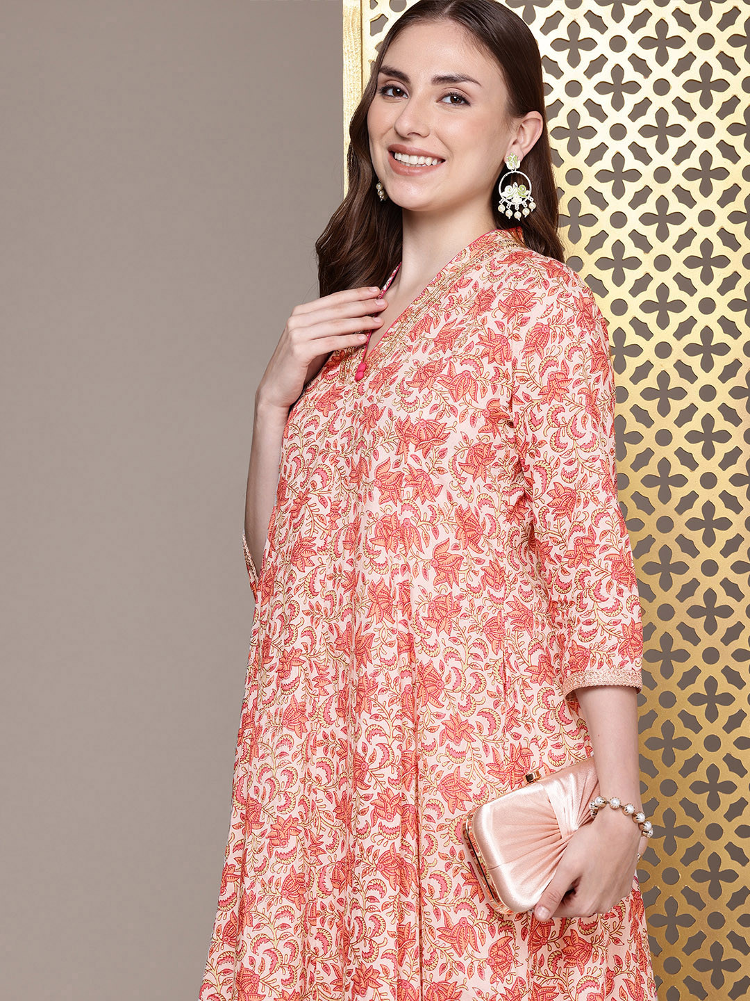 

House of Pataudi Jashn Pure Cotton Ethnic Motifs Printed Gotta Patti Kurta, Peach