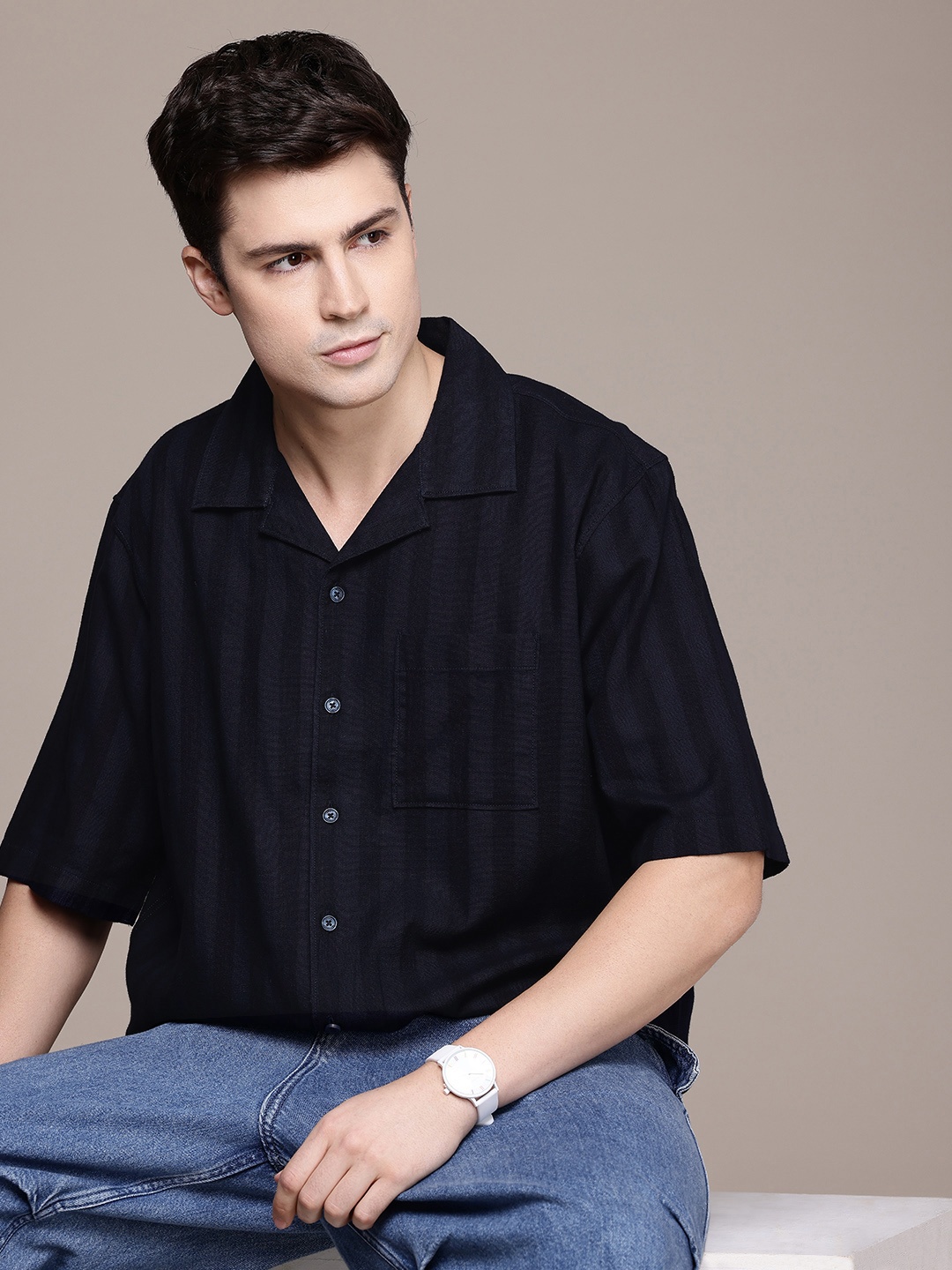 

FCUK Pure Cotton Striped Relaxed Fit Casual Shirt, Navy blue