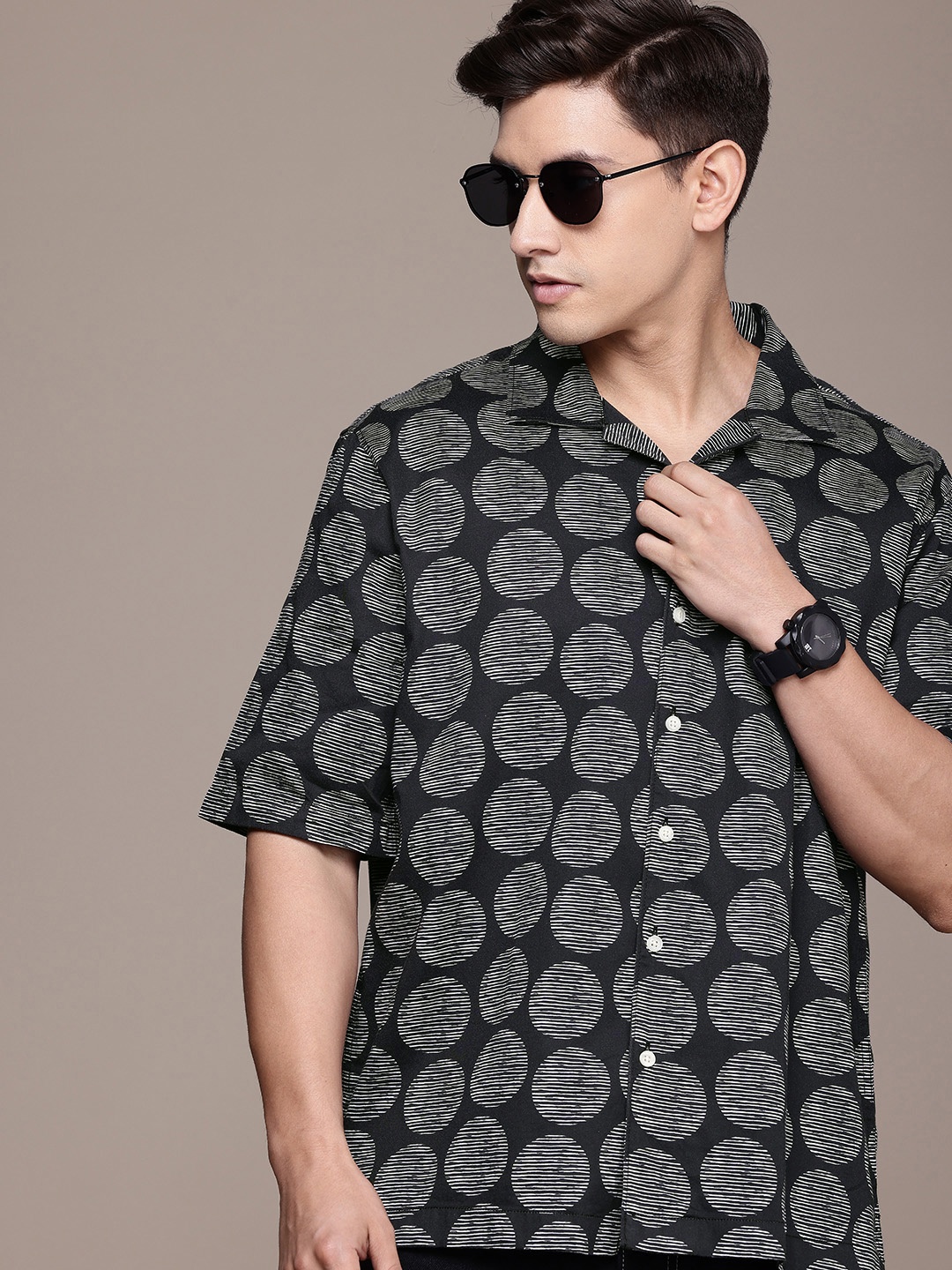 

FCUK Pure Cotton Geometric Printed Relaxed Fit Casual Shirt, Black