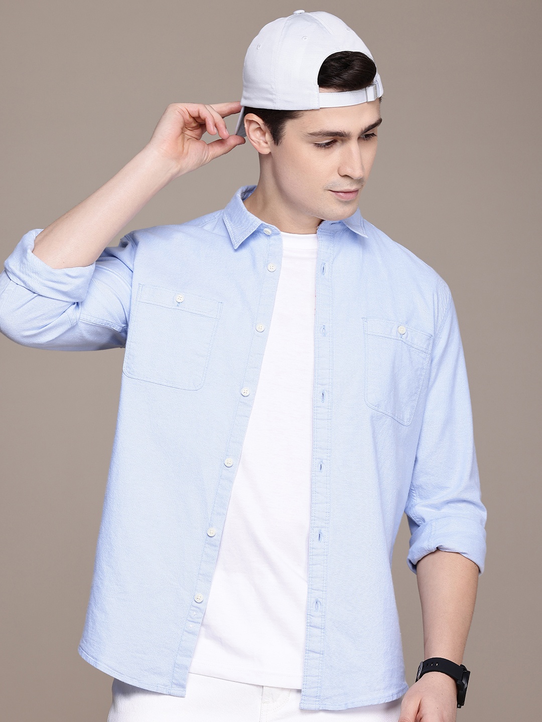 

FCUK Pure Cotton Slim Fit Opaque Casual Shirt, Blue