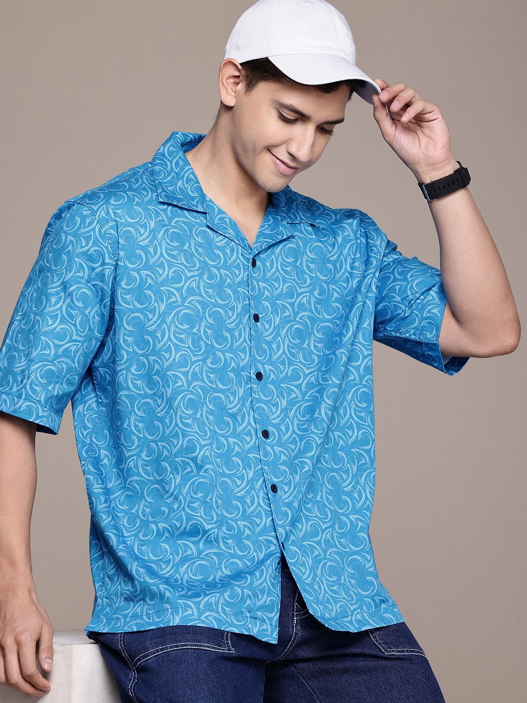 

FCUK Pure Cotton Geometric Printed Relaxed Fit Casual Shirt, Blue