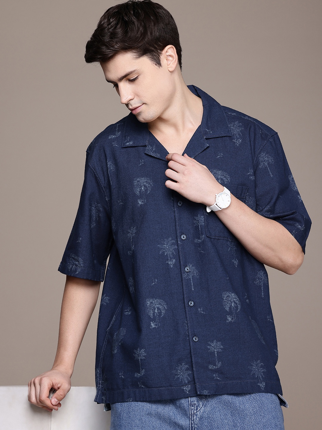 

FCUK Pure Cotton Printed Relaxed Fit Casual Shirt, Navy blue