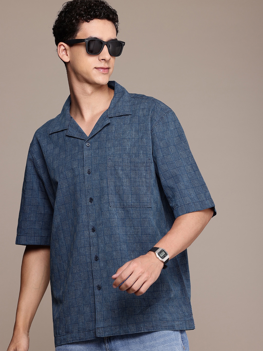 

FCUK Pure Cotton Relaxed Fit Opaque Checked Casual Shirt, Navy blue