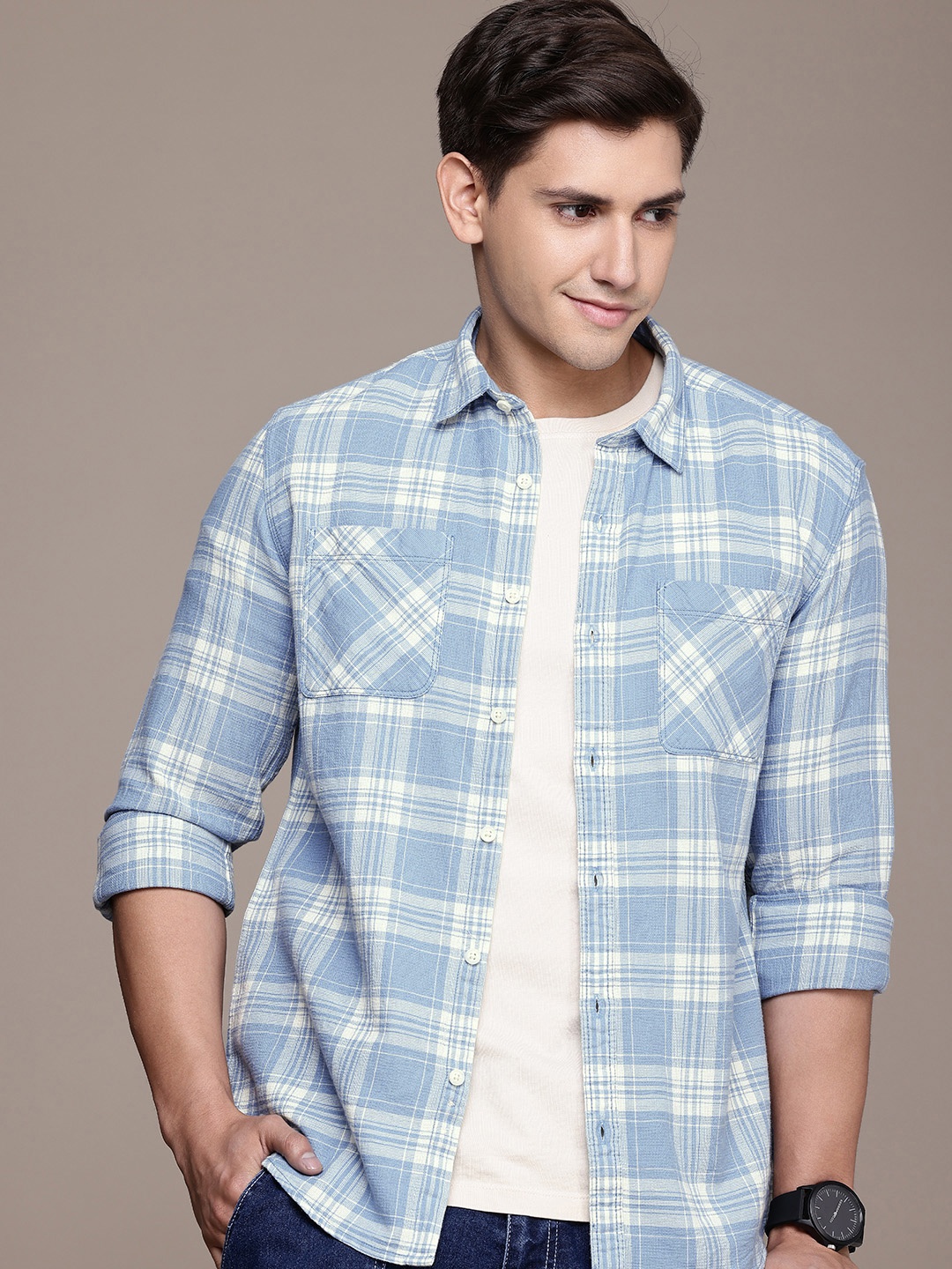 

FCUK Pure Cotton Slim Fit Tartan Checks Opaque Casual Shirt, Blue