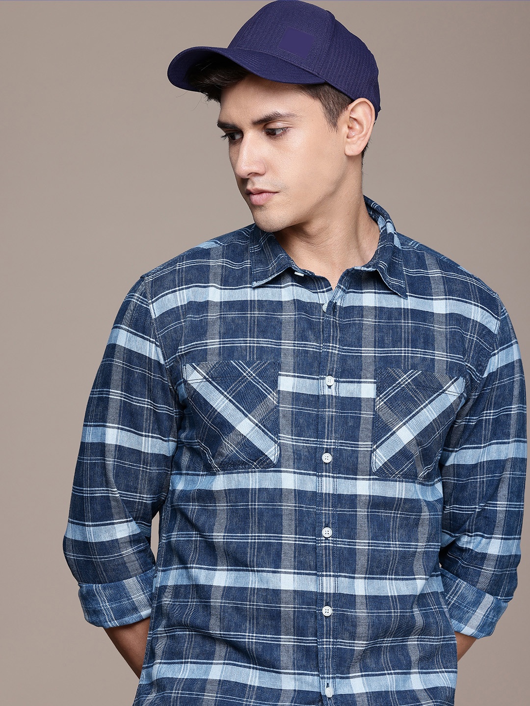 

FCUK Pure Cotton Slim Fit Opaque Checked Casual Shirt, Navy blue