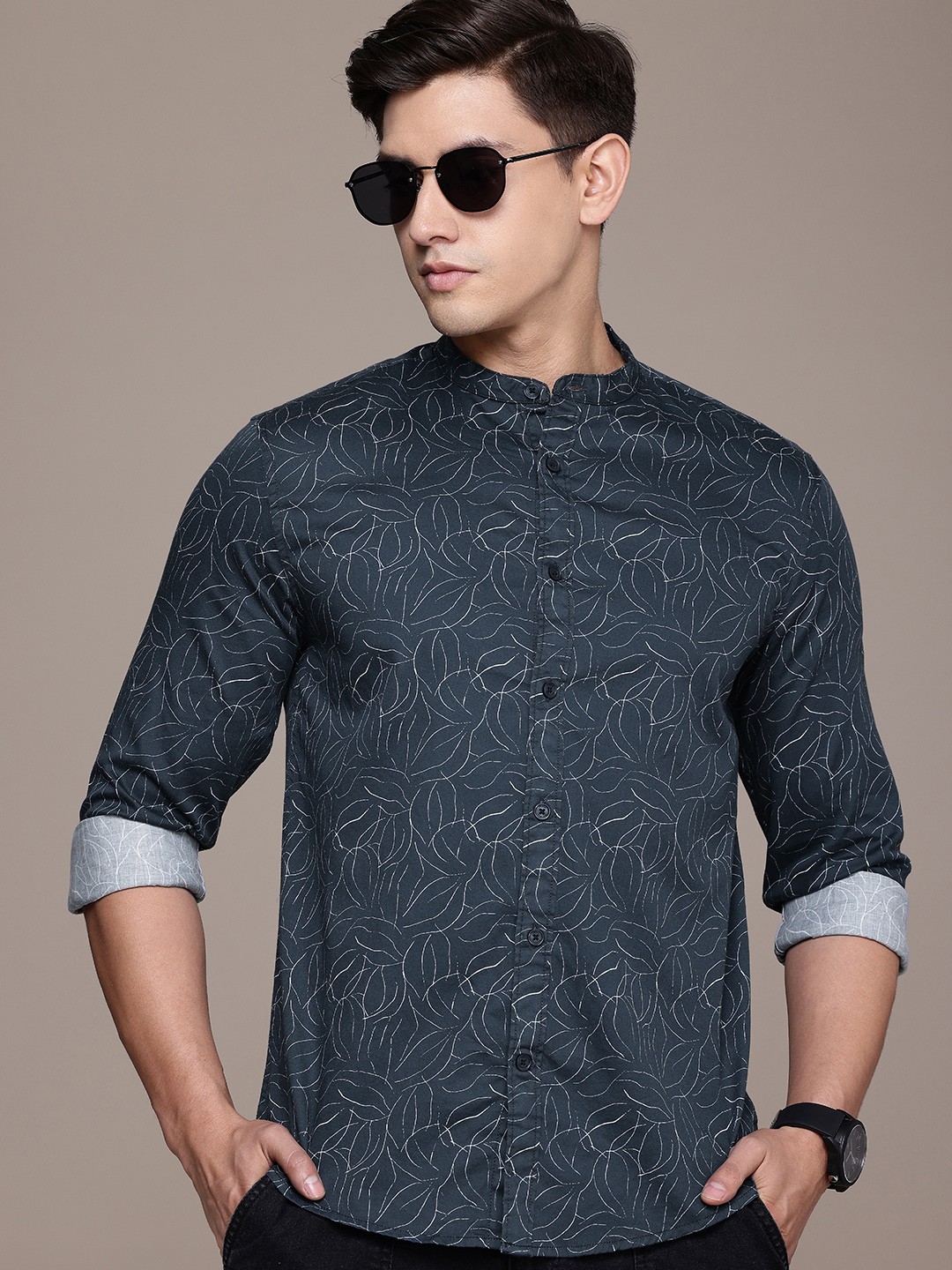 

FCUK Pure Cotton Slim Fit Printed Casual Shirt, Navy blue