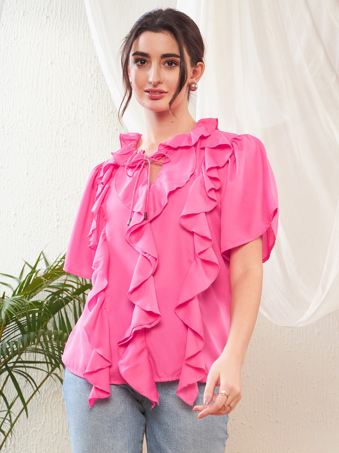 

SASSAFRAS Pink Keyhole Neck Flared Sleeve Ruffles Georgette Top