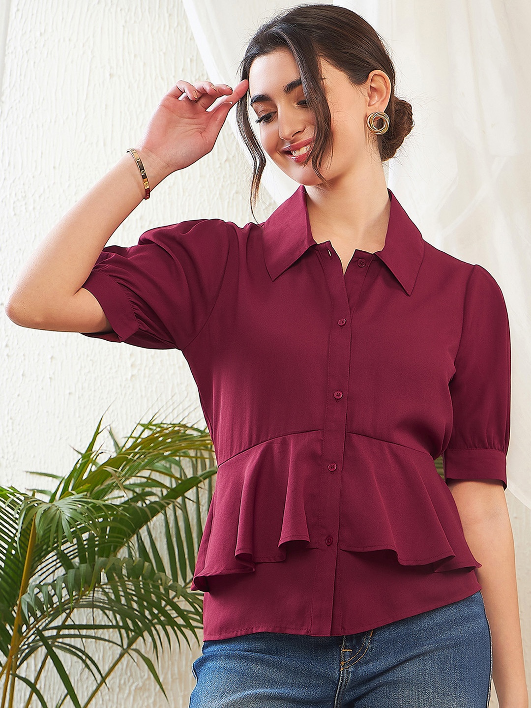 

SASSAFRAS Maroon Puff Sleeve Georgette Shirt Style Top