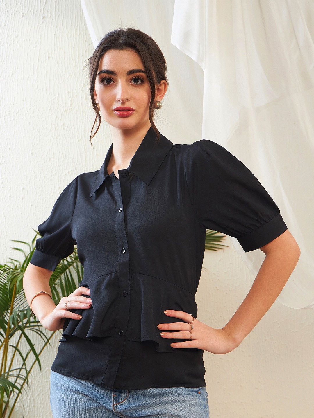 

SASSAFRAS Puff Sleeve Georgette Shirt Style Top, Black
