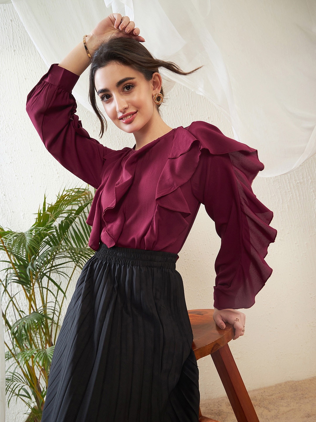 

SASSAFRAS Maroon Cuffed Sleeves Ruffles Georgette Top