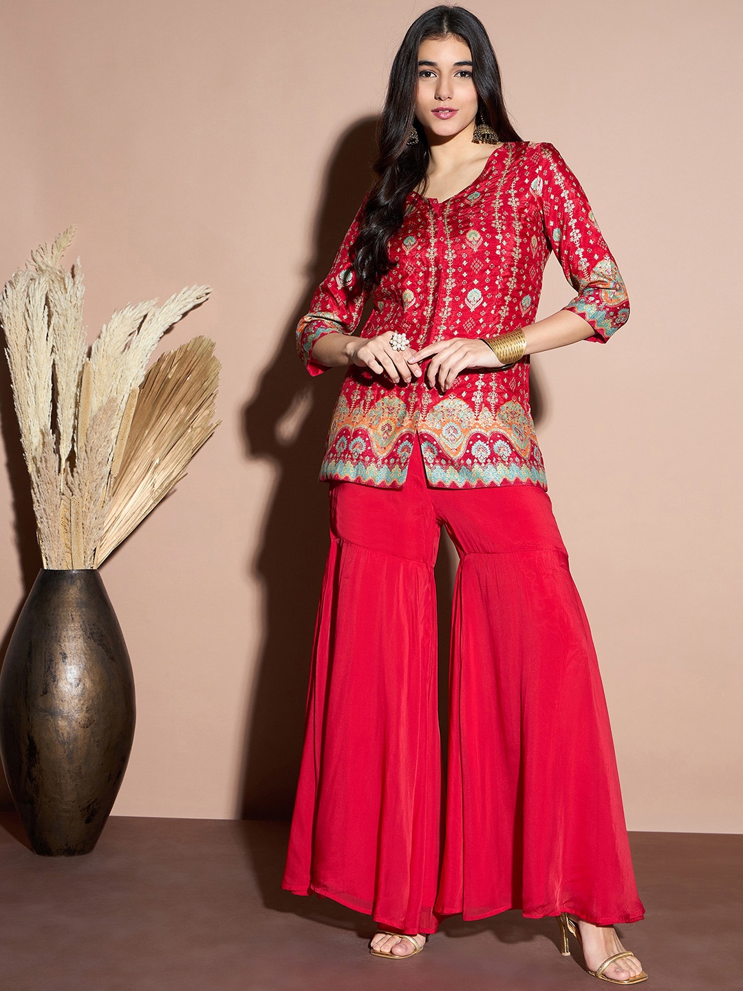 

ADORNIA Printed Tunic With Sharara, Red