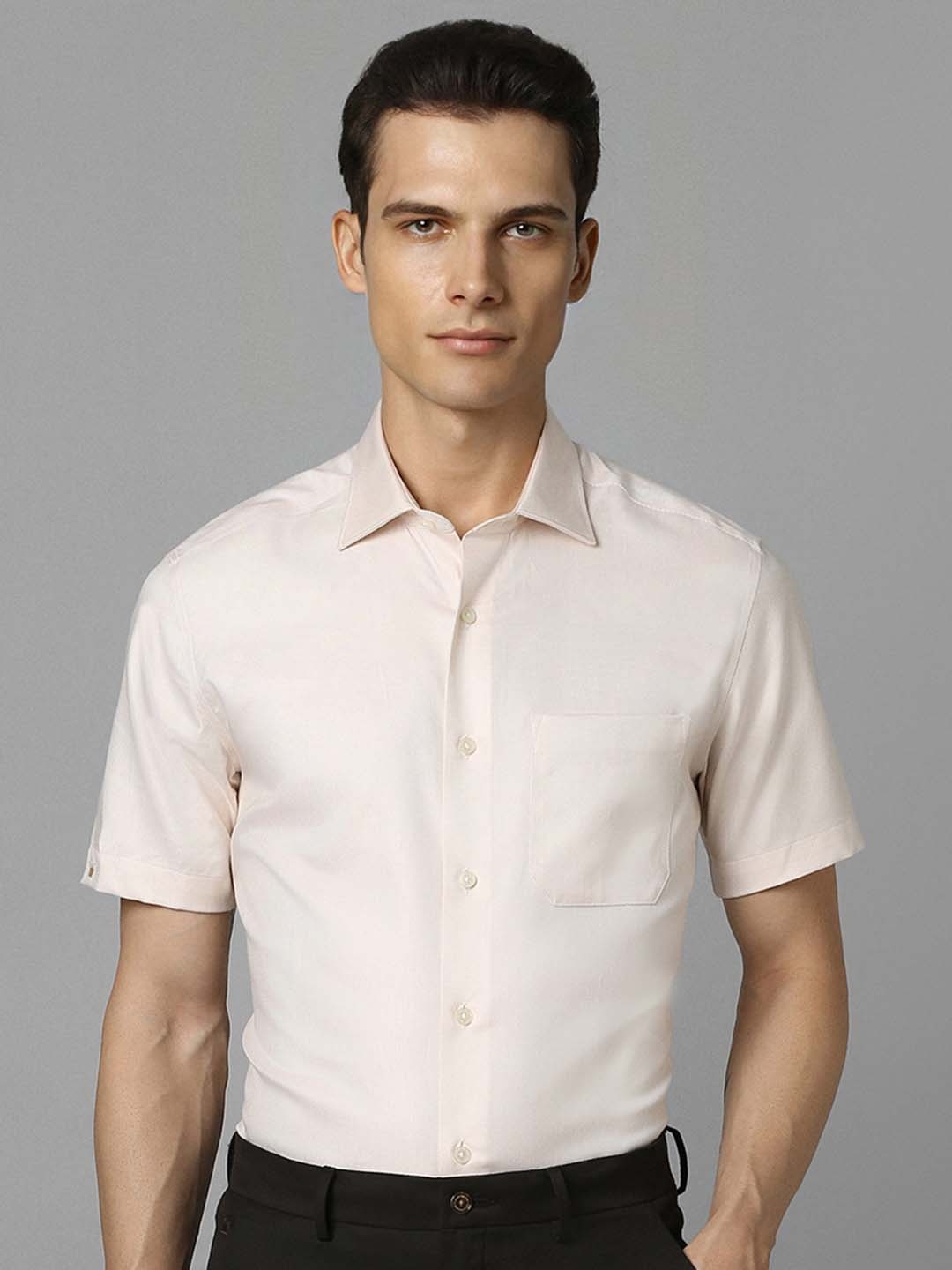 

Louis Philippe Spread Collar Short Sleeves Pure Cotton Formal Shirt, Cream
