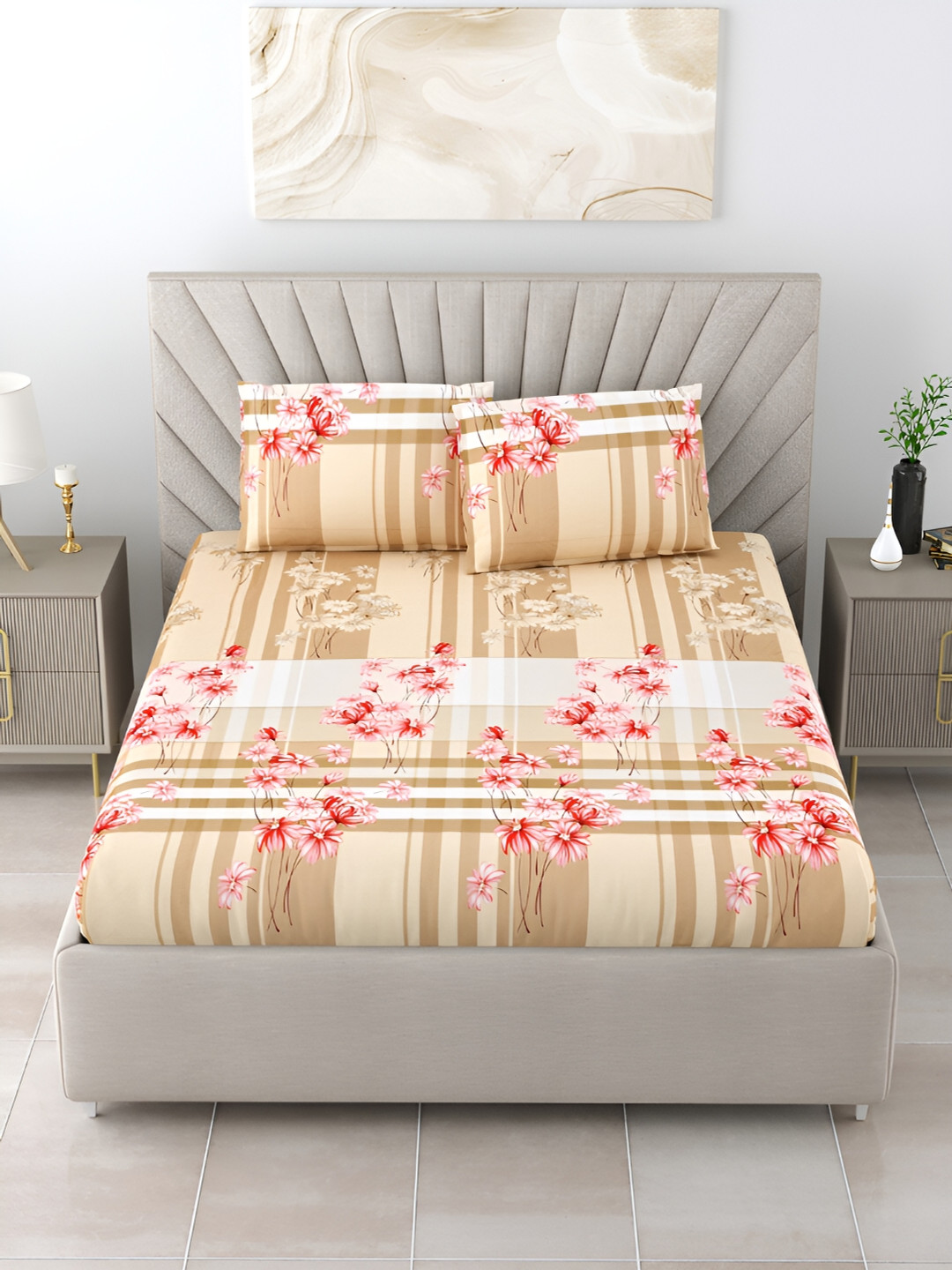 

BOMBAY DYEING Brown & White Floral Cotton 210 TC King Bedsheet with 2 Pillow Covers