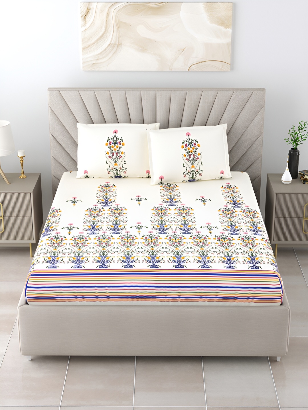 

BOMBAY DYEING Blue & Cream Floral Cotton 210 TC King Bedsheet with 2 Pillow Covers