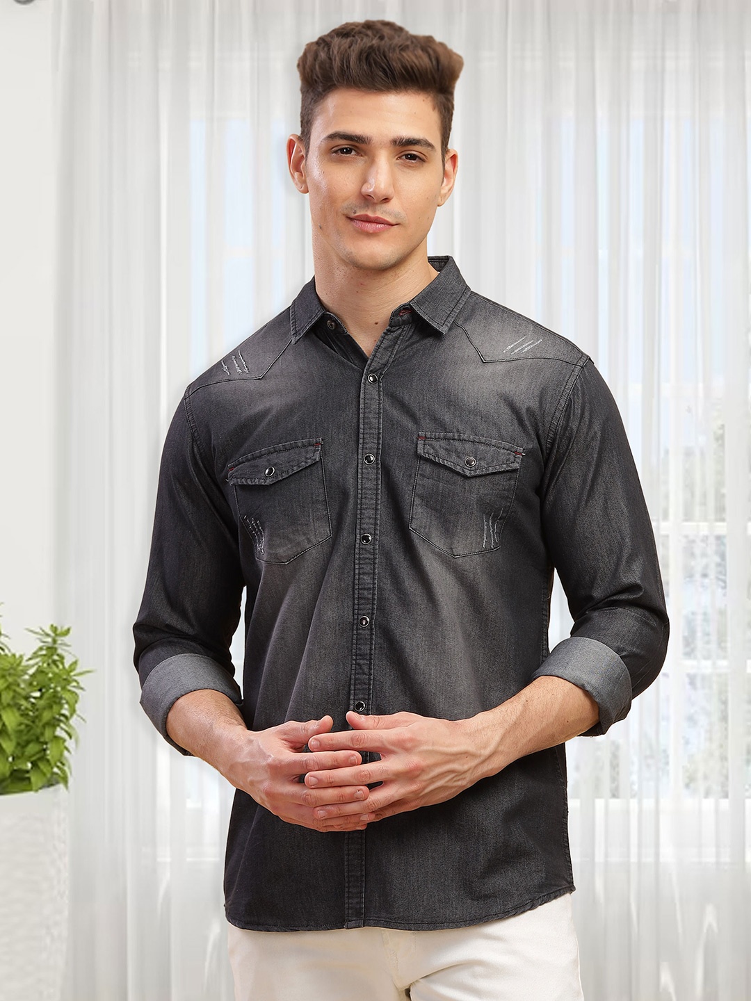 

Kuons Avenue Spread Collar Smart Slim Fit Casual Denim Shirt, Charcoal