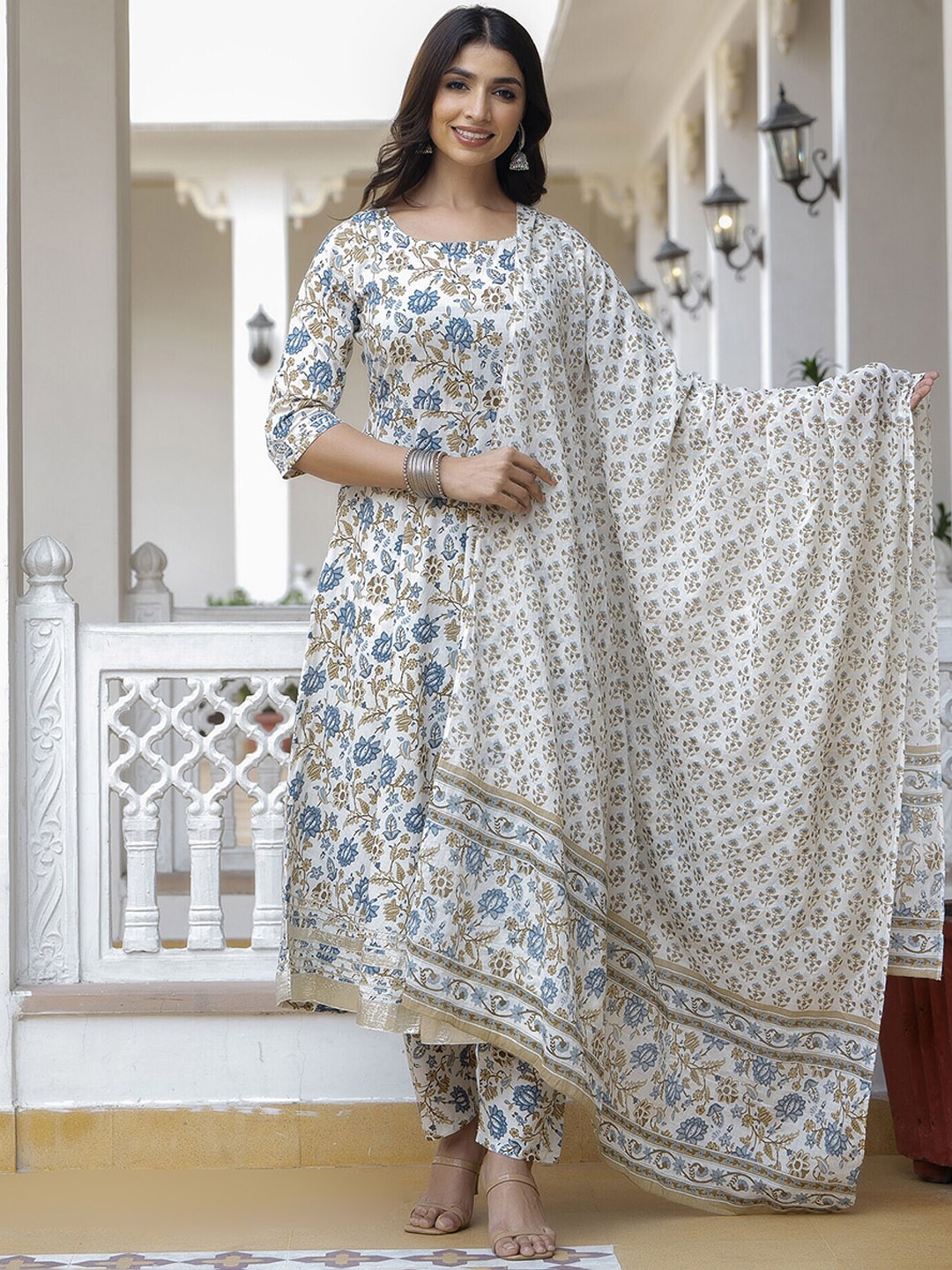 

Nayo Floral Printed Empire Gotta Patti Pure Cotton Kurta With Trousers & Dupatta, Off white