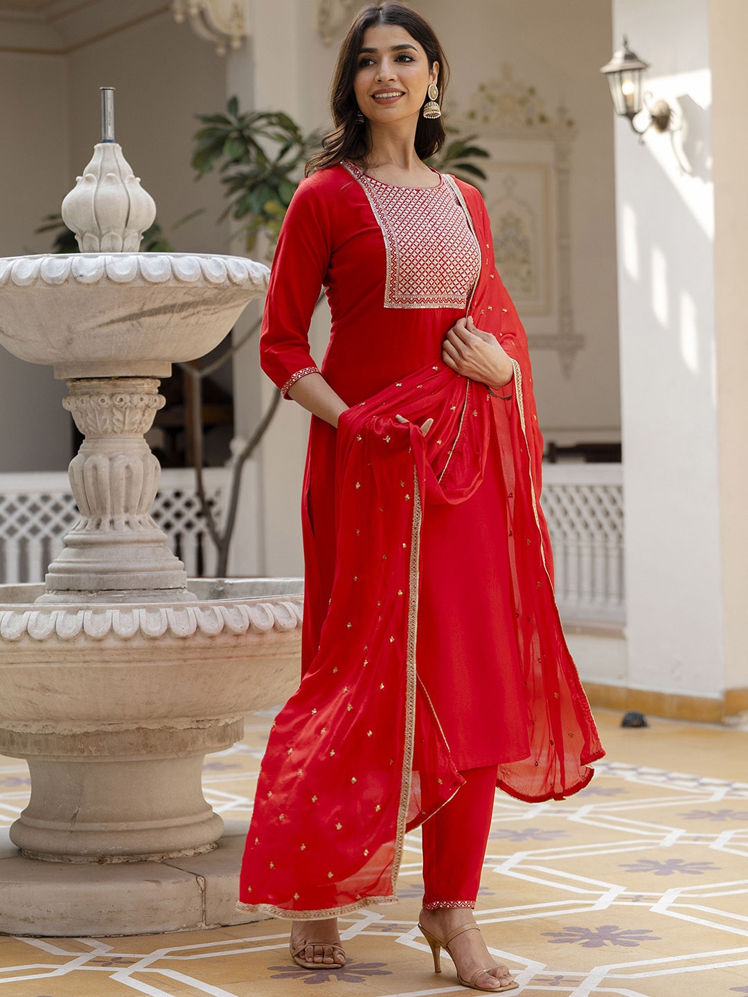 

Nayo Ethnic Motifs Yoke Design Thread Work Kurta With Trousers & Dupatta, Red