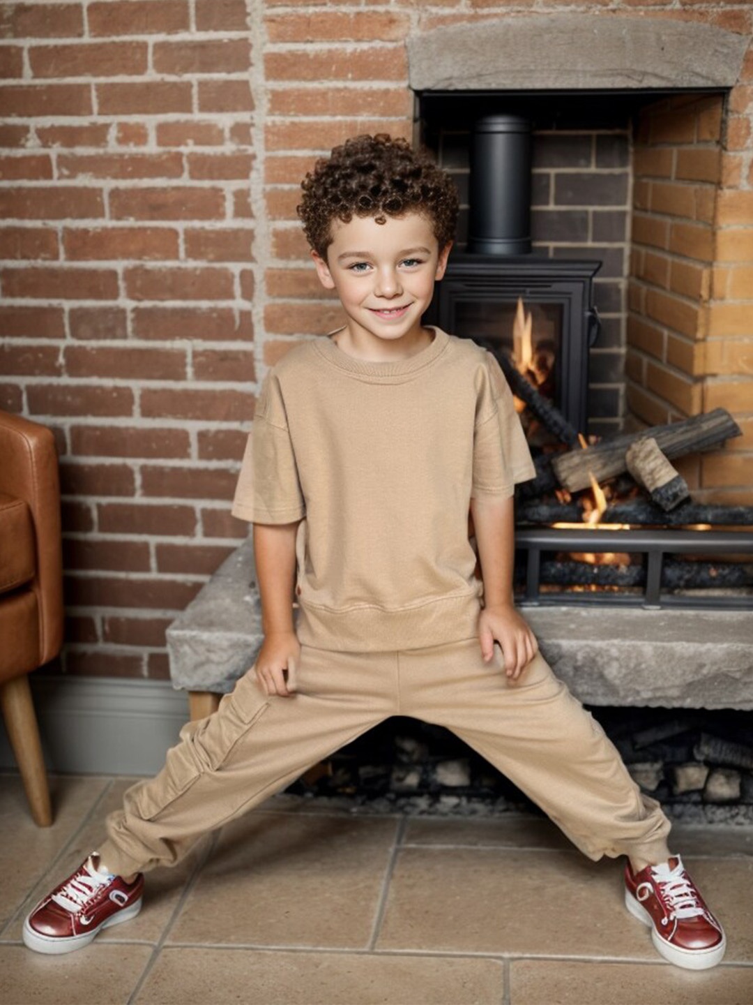 

Jumping Joey Boys Oversized Pure Cotton T-shirt with Trousers, Beige