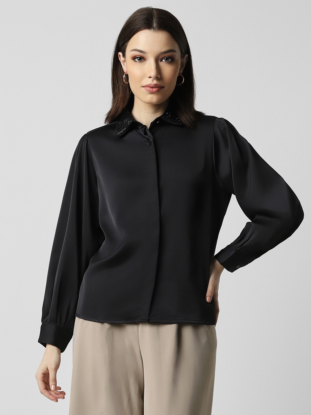 

Van Heusen Woman Puffed Sleeves Casual Shirt, Black