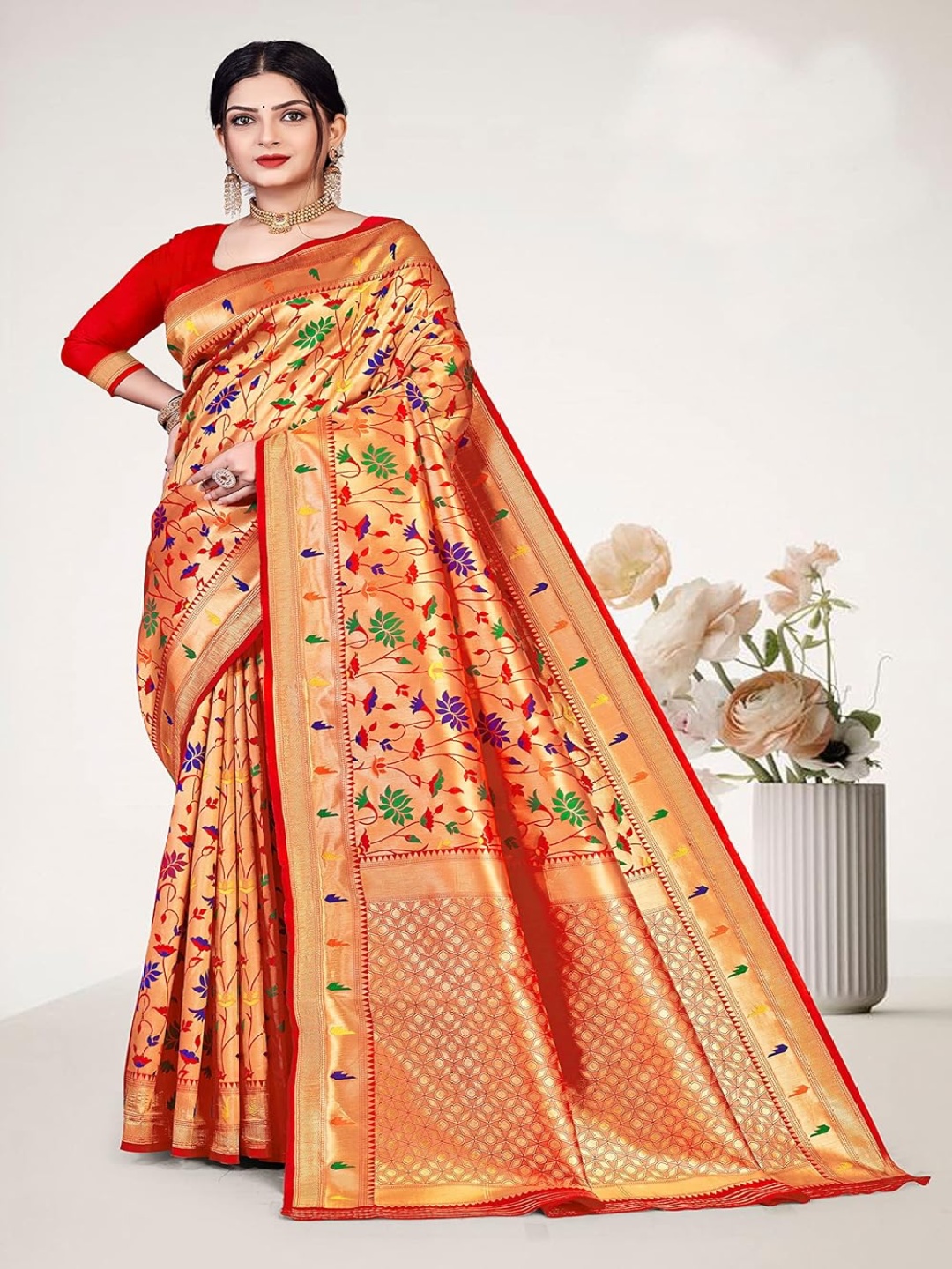 

Kasak Floral Zari Paithani Saree, Red