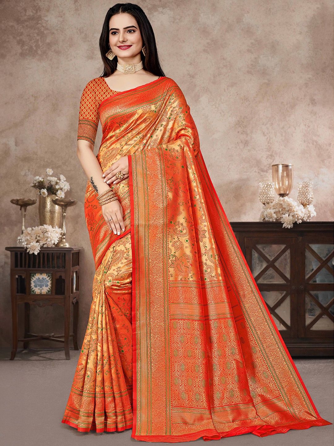 

Kasak Paisley Woven Design Zari Paithani Saree, Orange
