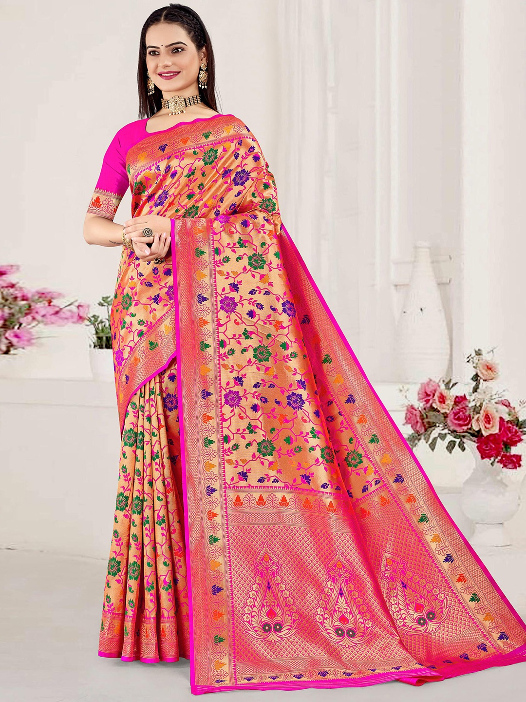 

Kasak Paisley Zari Silk Blend Paithani Saree, Pink