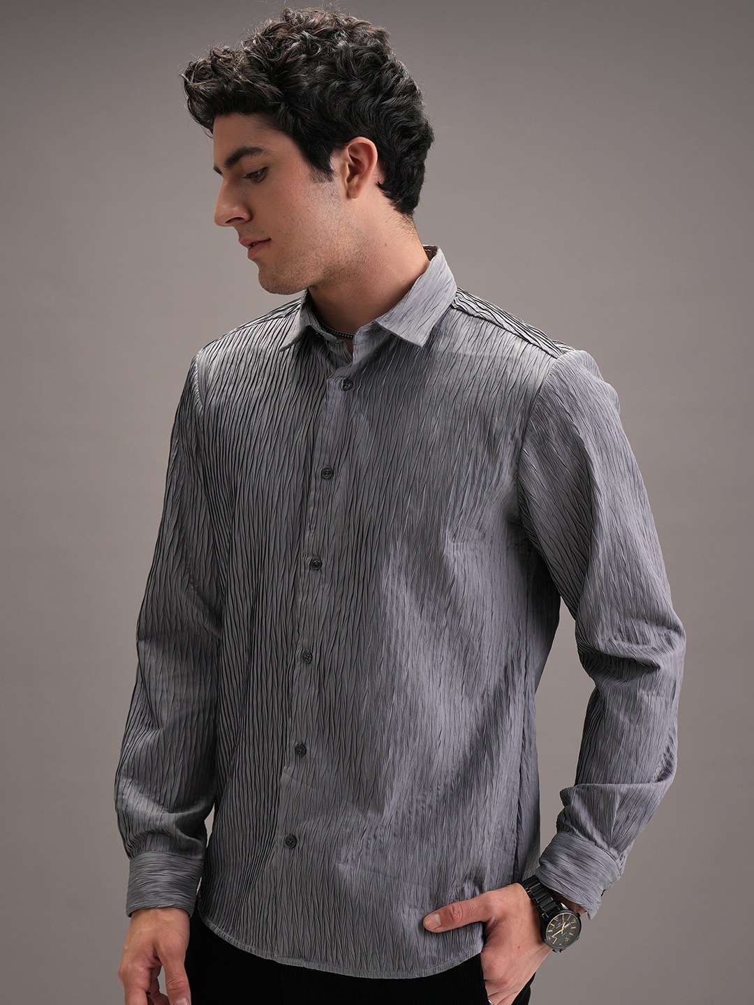 

LOCOMOTIVE Premium Men Luxe Wrinkle Textured Evening Party Shirt, Grey