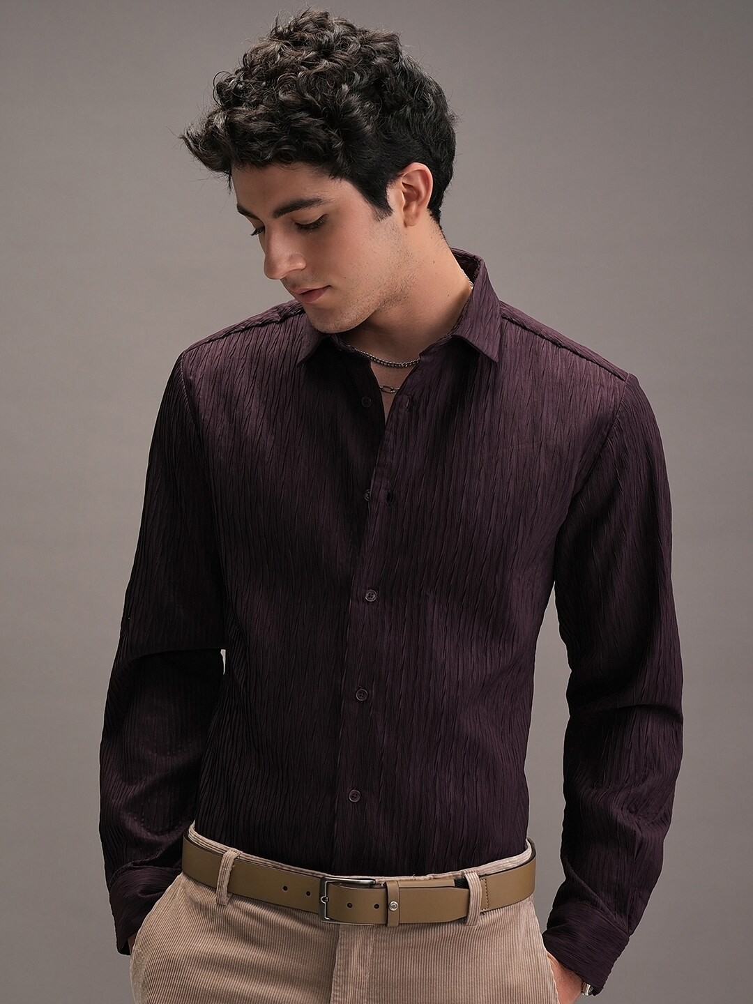 

LOCOMOTIVE Premium Men Luxe Wrinkle Textured Evening Party Shirt, Purple