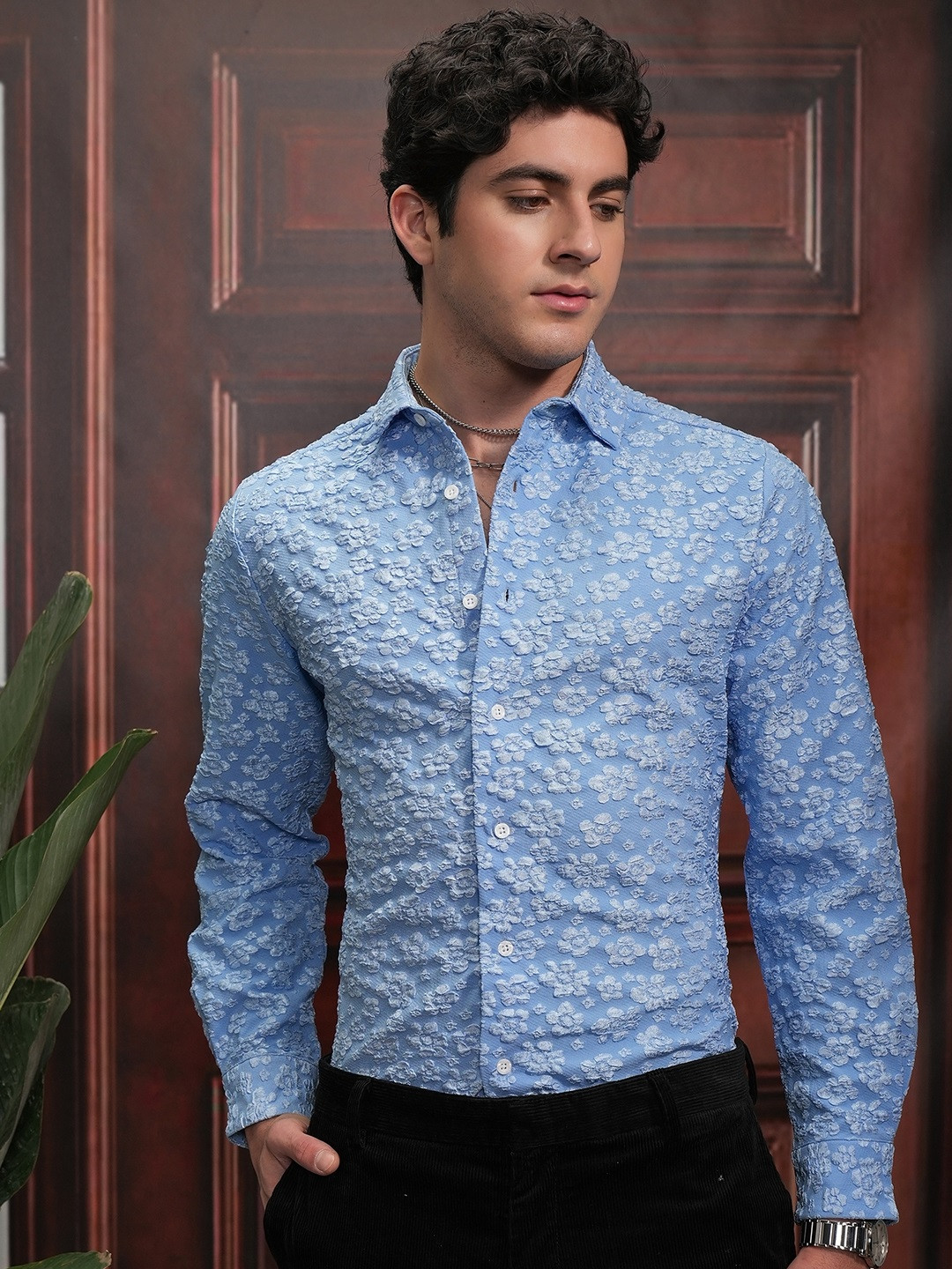 

LOCOMOTIVE Men Luxe Floral Jaquard Textured Party Shirt, Blue