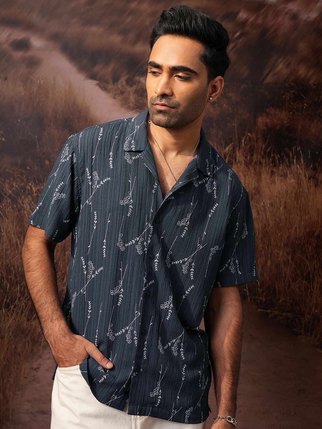 

LOCOMOTIVE Premium Navy Crushed Textured Printed Cuban Collar Relaxed Shirt, Navy blue