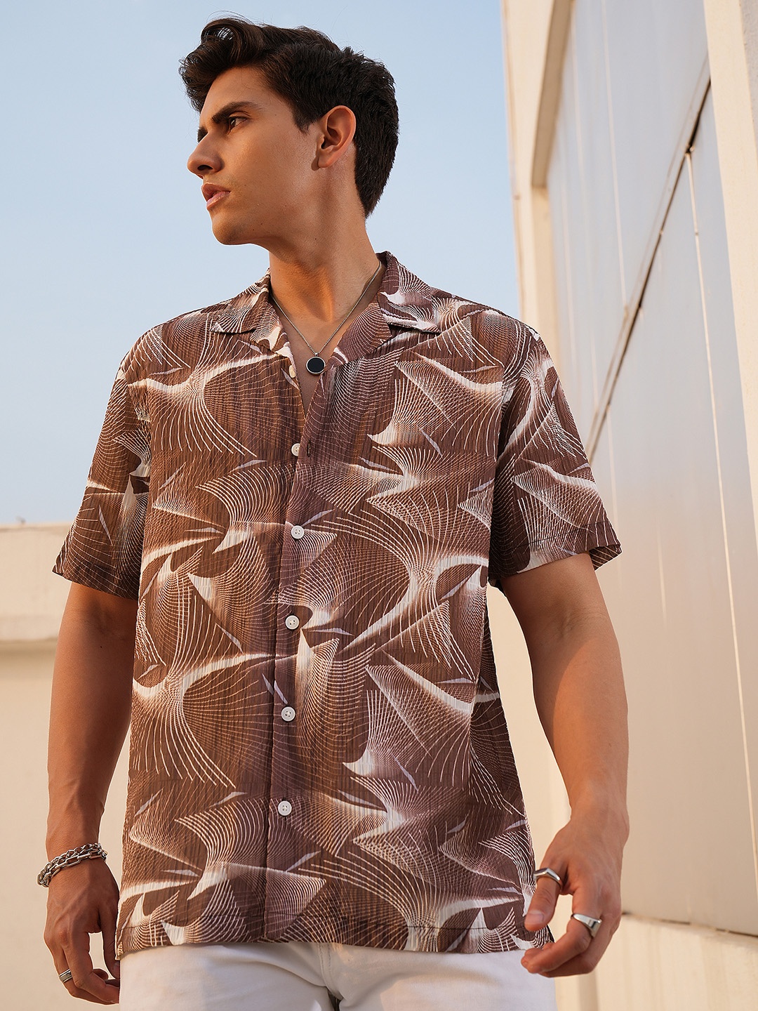 

LOCOMOTIVE Men Premium Mock Lino Dobby Textured Printed Regular Shirt, Brown