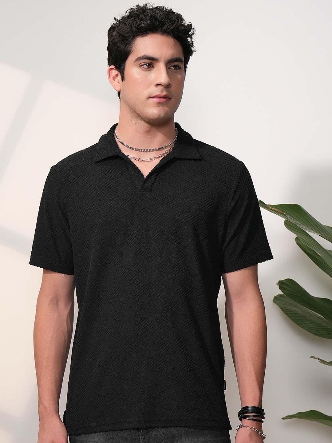 

LOCOMOTIVE Men Premium Terry Towel Relaxed Fit Open Collar Polo T Shirt, Black