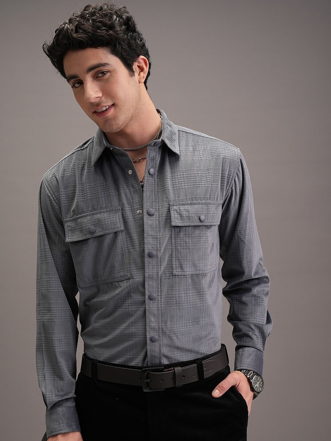 

LOCOMOTIVE Premium Men Luxe Cord Textured Evening Party Shirt, Grey