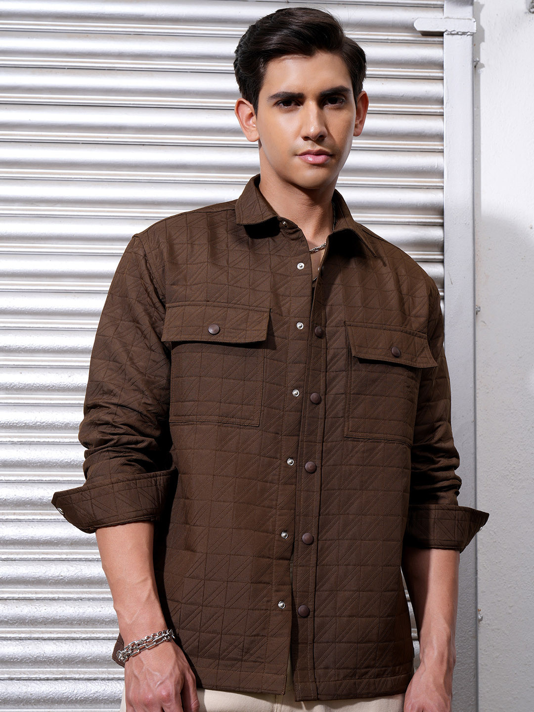 

LOCOMOTIVE Premium Brown Dobby Textured Solid Utility Pocket Regular Shirt