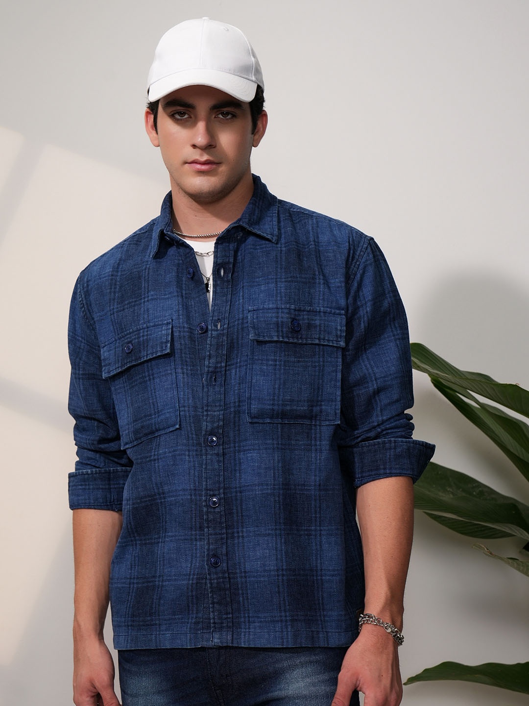 

LOCOMOTIVE Men Premium Dobby Textured Checked Utility Pocket Overshirt, Blue