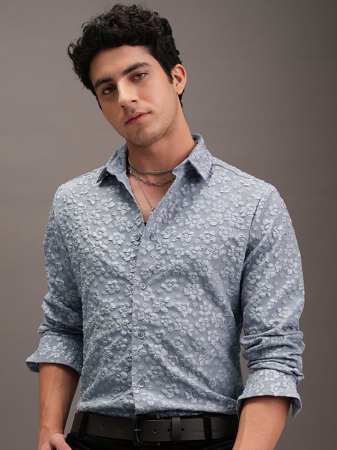 

LOCOMOTIVE Luxe Light Grey Floral Jacquard Textured Party Shirt